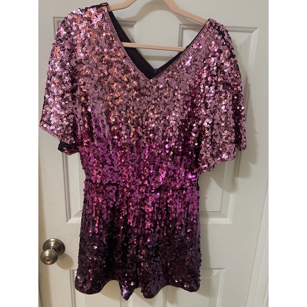MANER Sparkling Pink Fuchsia Purple Color Sequin Flutter Sleeve Zipper Romper L